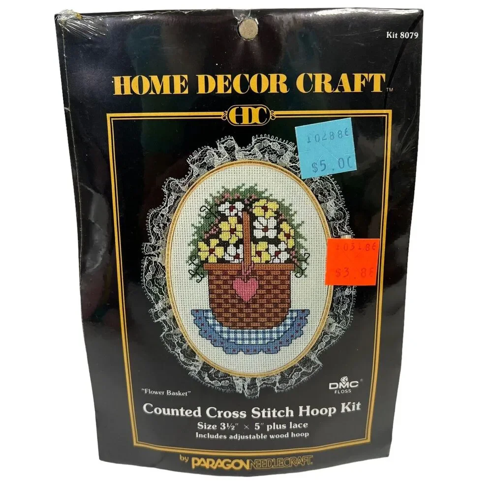 Vtg Paragon Needlecraft Kit Hoop Cross Stitch Kit Flower Basket Home Decor 3.5 5